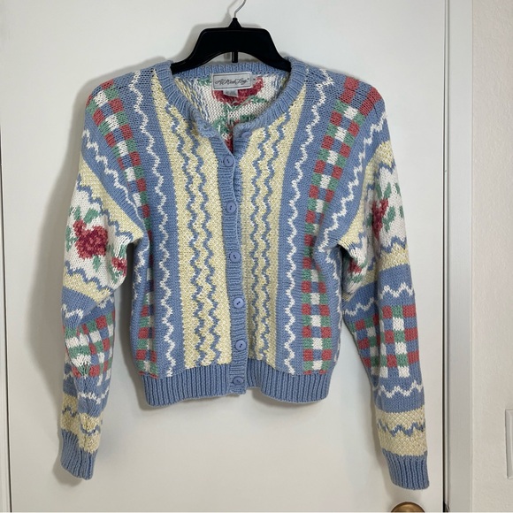 All Week Long Sweaters - All Week Long Blue & Cream Floral Womens Sweater Sz Medium Cardigan Grandma Core